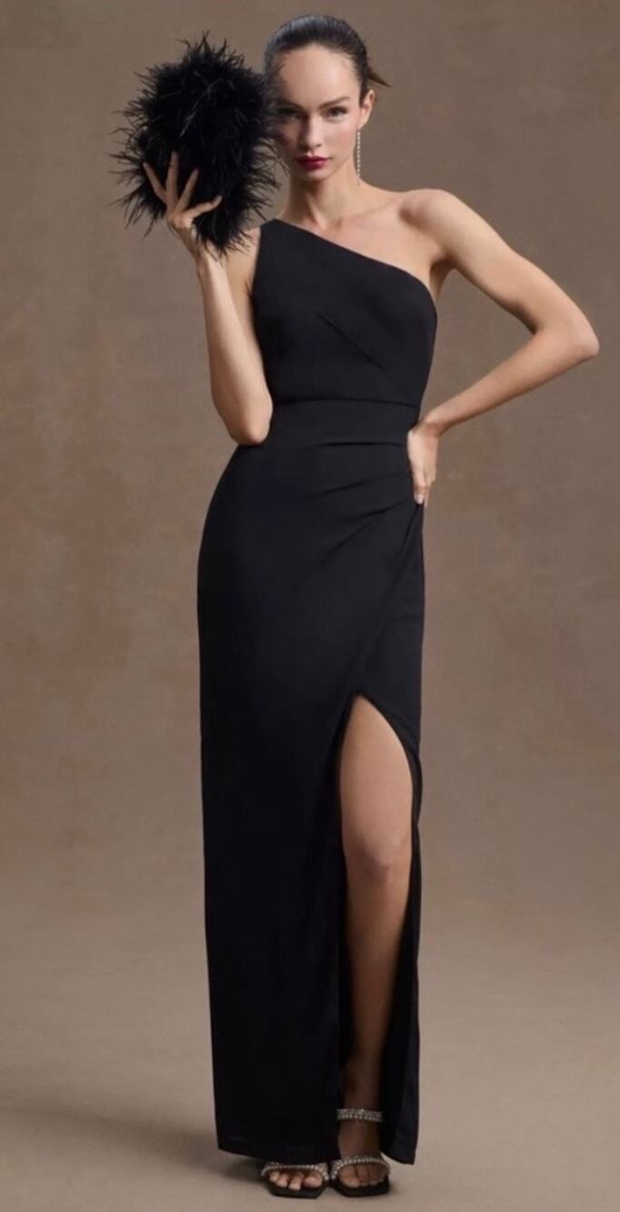 BHLDN Chloe Black One Shoulder Side Slit Georgette Gown Maxi Dress Size 12
